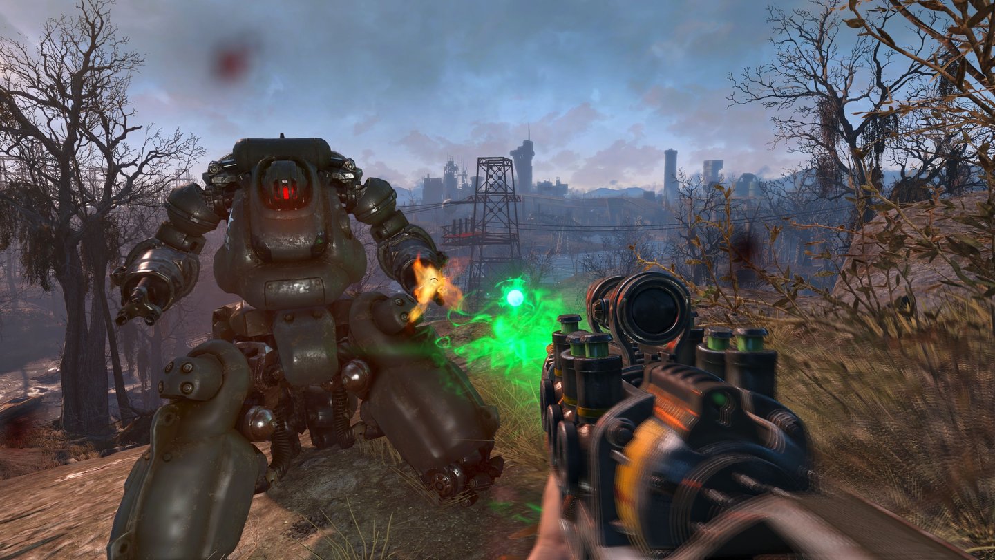 Fallout 4 (extreme Details, 4K)Wir beharken einen Wachroboter, der beim Dauerfeuern irgendwann überhitzt und kurz abkühlen muss. Im Hintergrund: die Skyline von Boston.