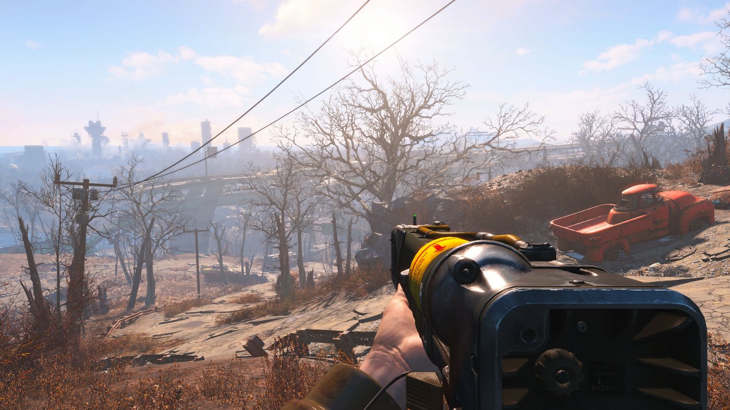 Fallout 4 (extreme Details, 4K)Die ferne Skyline Bostons ist von Nebel umgeben.