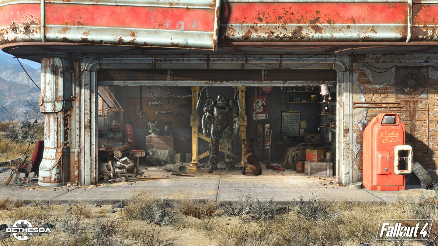 Fallout 4Fallout 4 bietet typische Fallout-Atmosphäre: Tankstelle, Ödland, Rüstung, Hund.