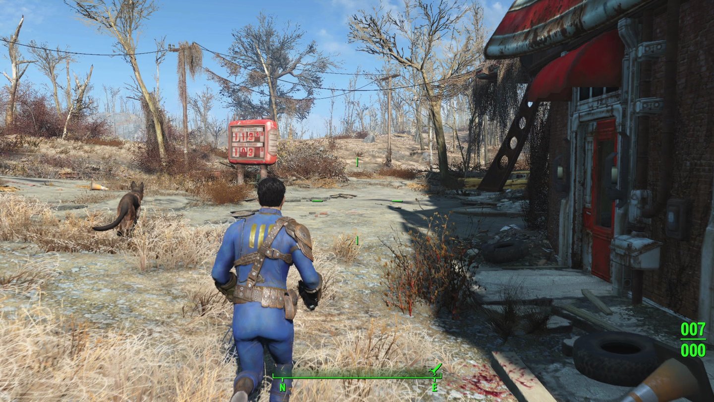 Fallout 4Unser treuer Hundegefährte Dogmeat begleitet uns auf dem Weg durch die Spielwelt.