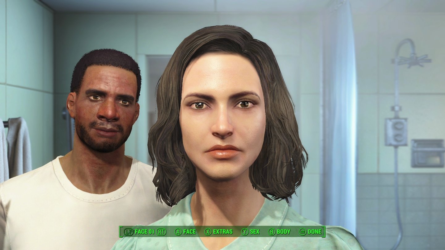 Fallout 4Wir dürfen als Mann oder Frau spielen, zu Beginn stehen beide Ehepartner vor dem Spiegel.