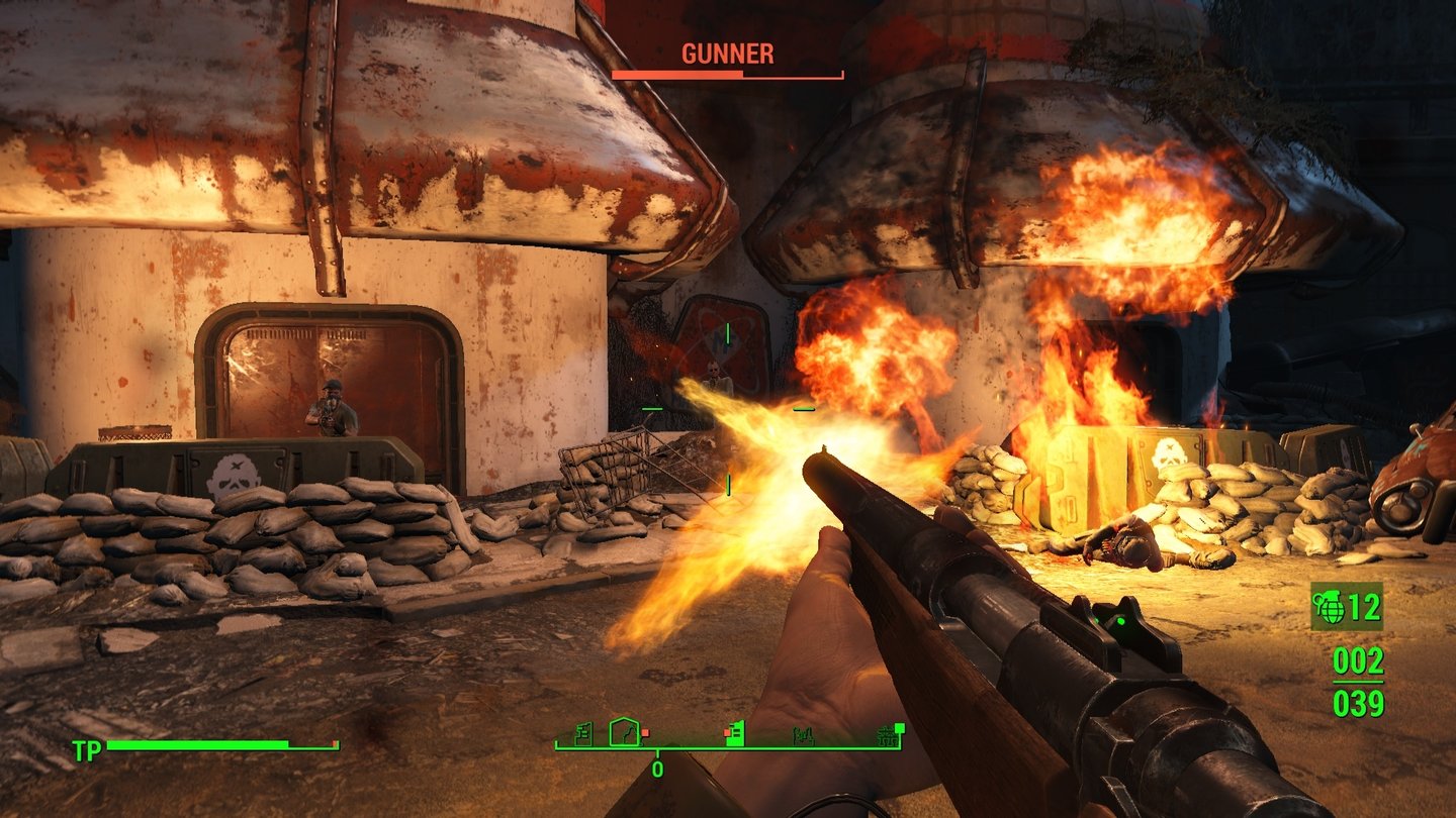 Fallout 4 (PC)Mit Molotovs und Bleispritze räuchern wir ein Gunner-Nest aus.