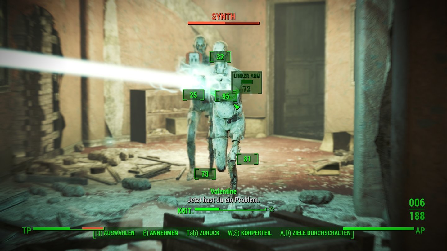 Fallout 4 (PC)Die Zeit im V.A.T.S. wird jetzt nur noch verlangsamt statt angehalten, sodass Feinde uns weiter angreifen können.