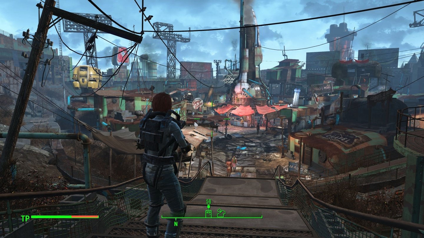 Fallout 4 (PC)Diamond City ist das Herz der Spielwelt und wurde in einem alten Baseball-Stadium errichtet.