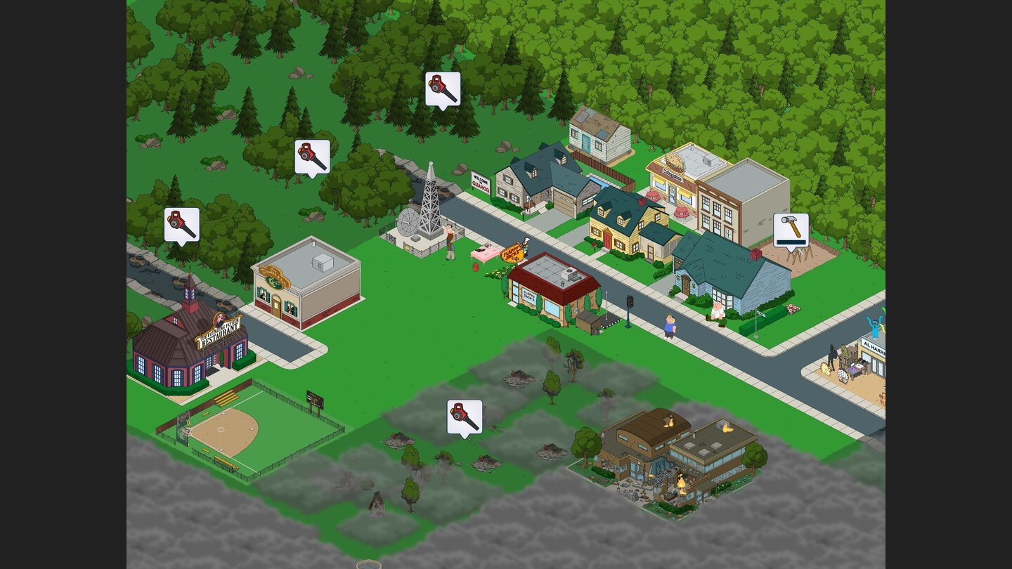 Family Guy: Mission SachensucheHör mal, wer da hämmert: Fertige Objekte müssen wir per zur Fertigstellung antippen. Neue Areale räumen wir mit Laubbläsern frei – wenn wir das nötige Kleingeld besitzen.