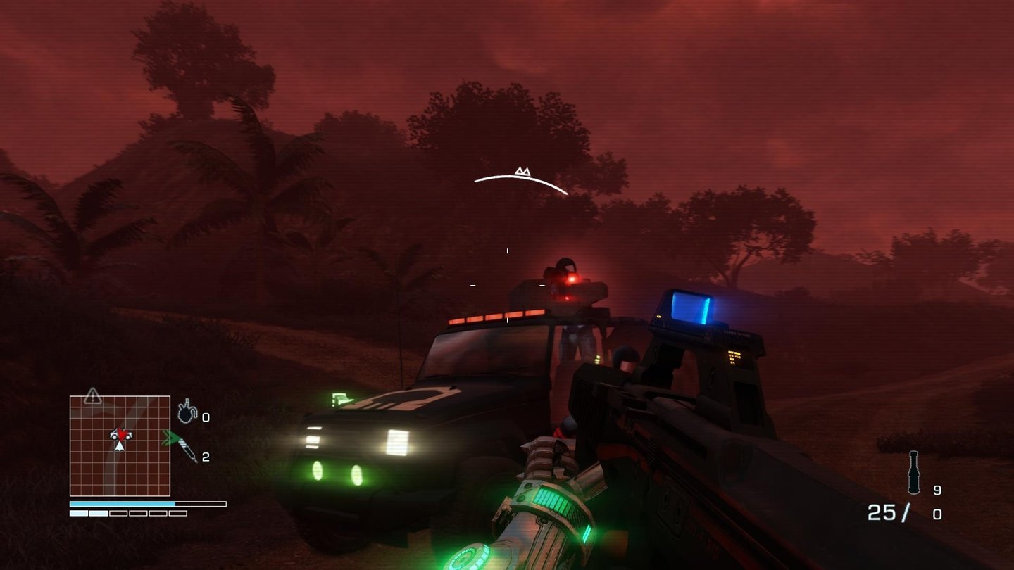Far Cry 3: Blood DragonGenau wie in Far Cry 3 trifft man überall auf der Insel auf Gegner. Die Omega-Force-Soldaten gurken mit Jeeps herum.