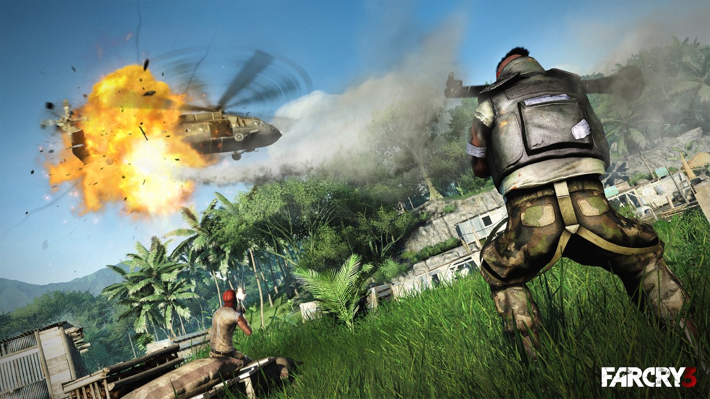 Far Cry 3Jason versucht, mit einem gekaperten Black Hawk von der Insel zu entkommen. Eine Rakete vereitelt diesen Plan.