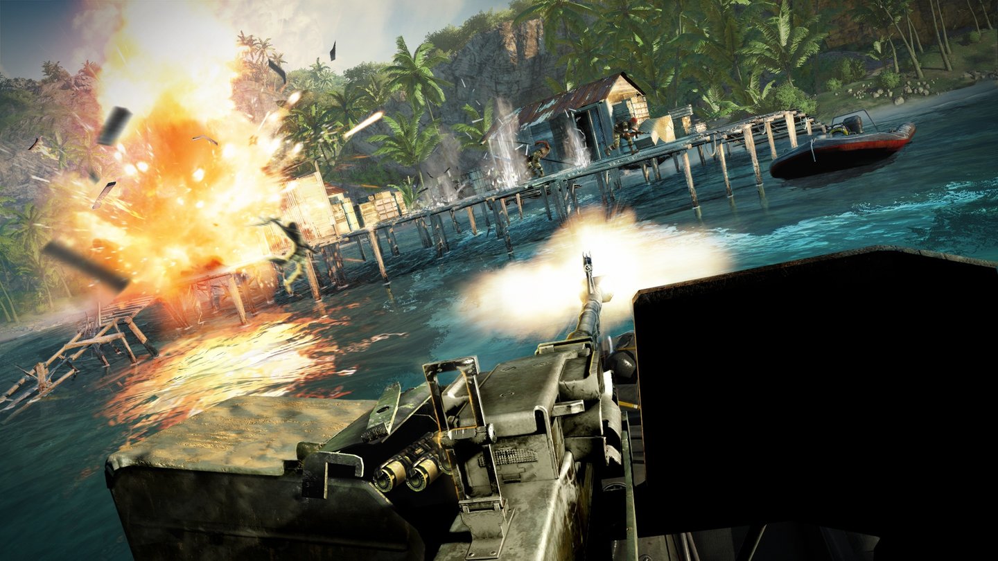 Far Cry 3Unbemerkt konnte Storyheld Jason Brody ein Patrouillenboot entern und hat nun großen Spaß mit dem Bord-MG.