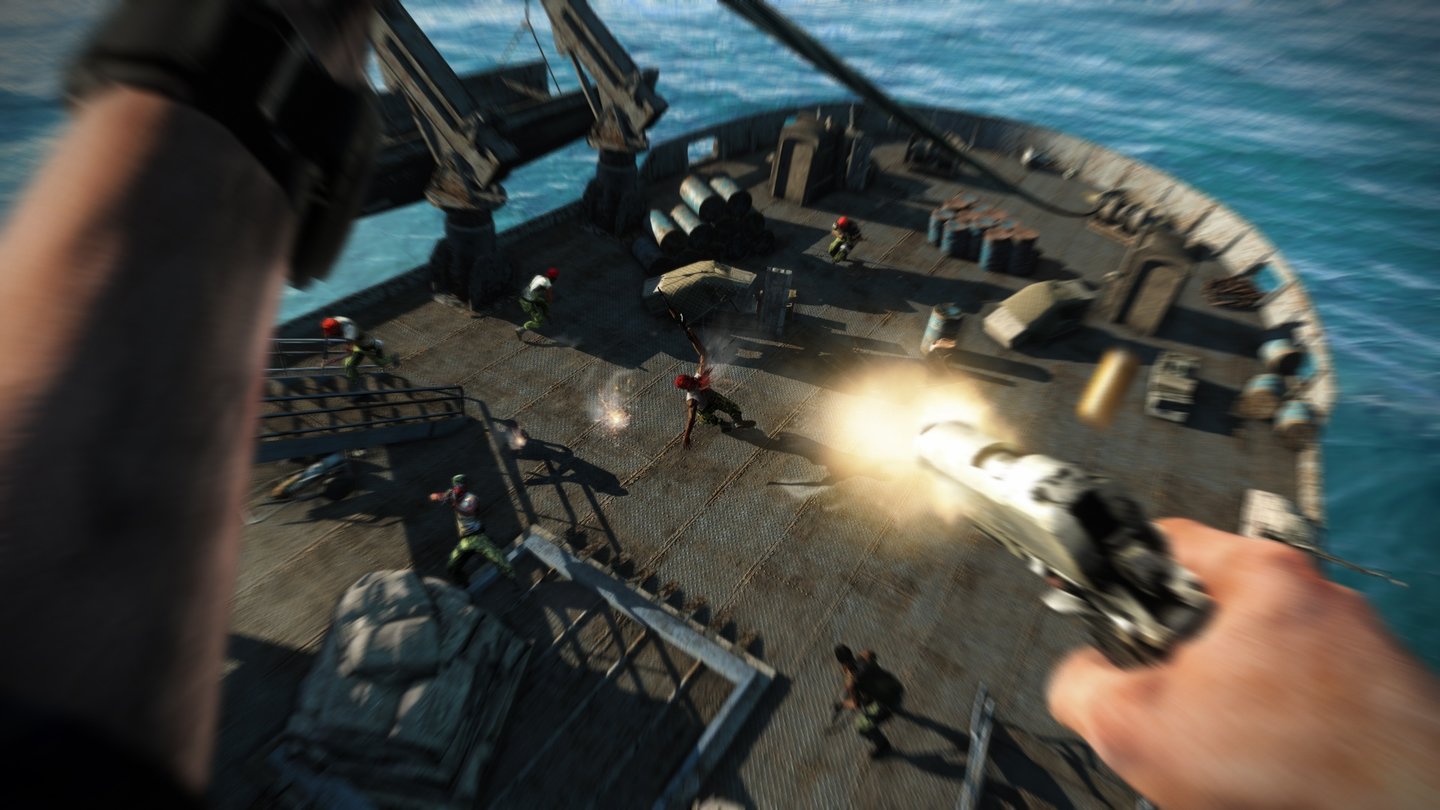 Far Cry 3Während sich Jason aufs Deck abseilt, lichtet er mit dem Revolver die Reihen der Wachen.