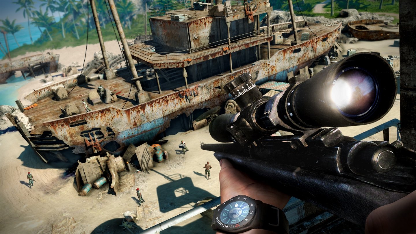 Far Cry 3Man muss nicht immer sofort den direkten Weg gehen. Man kann den direkten Weg auch erst mal mit einem Scharfschützengewehr freiräumen.