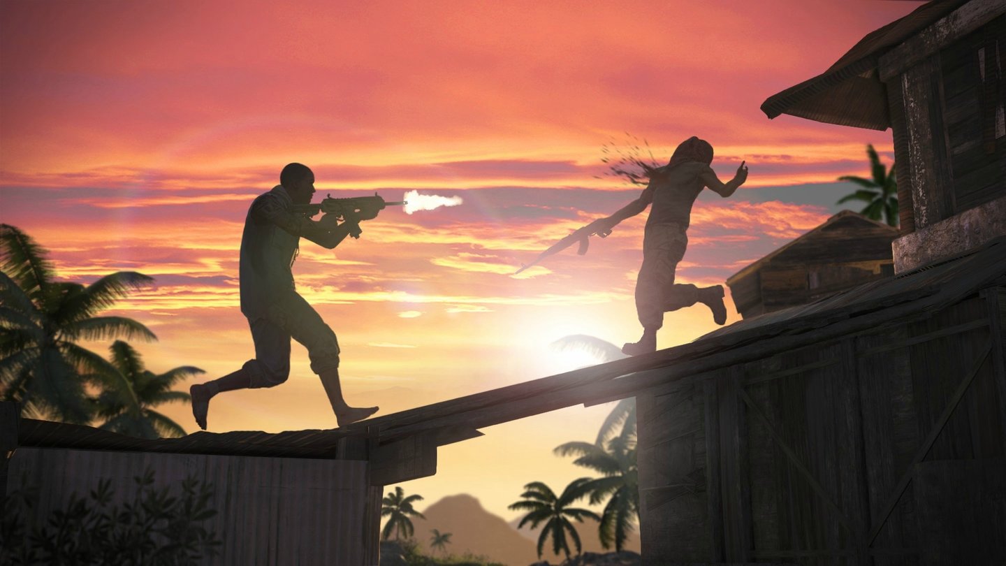 Far Cry 3Schusswechsel bei Sonnenuntergang - Die Dunia Engine 2 liefert die Basis für die effektvollen Schießereien von Far Cry 3.