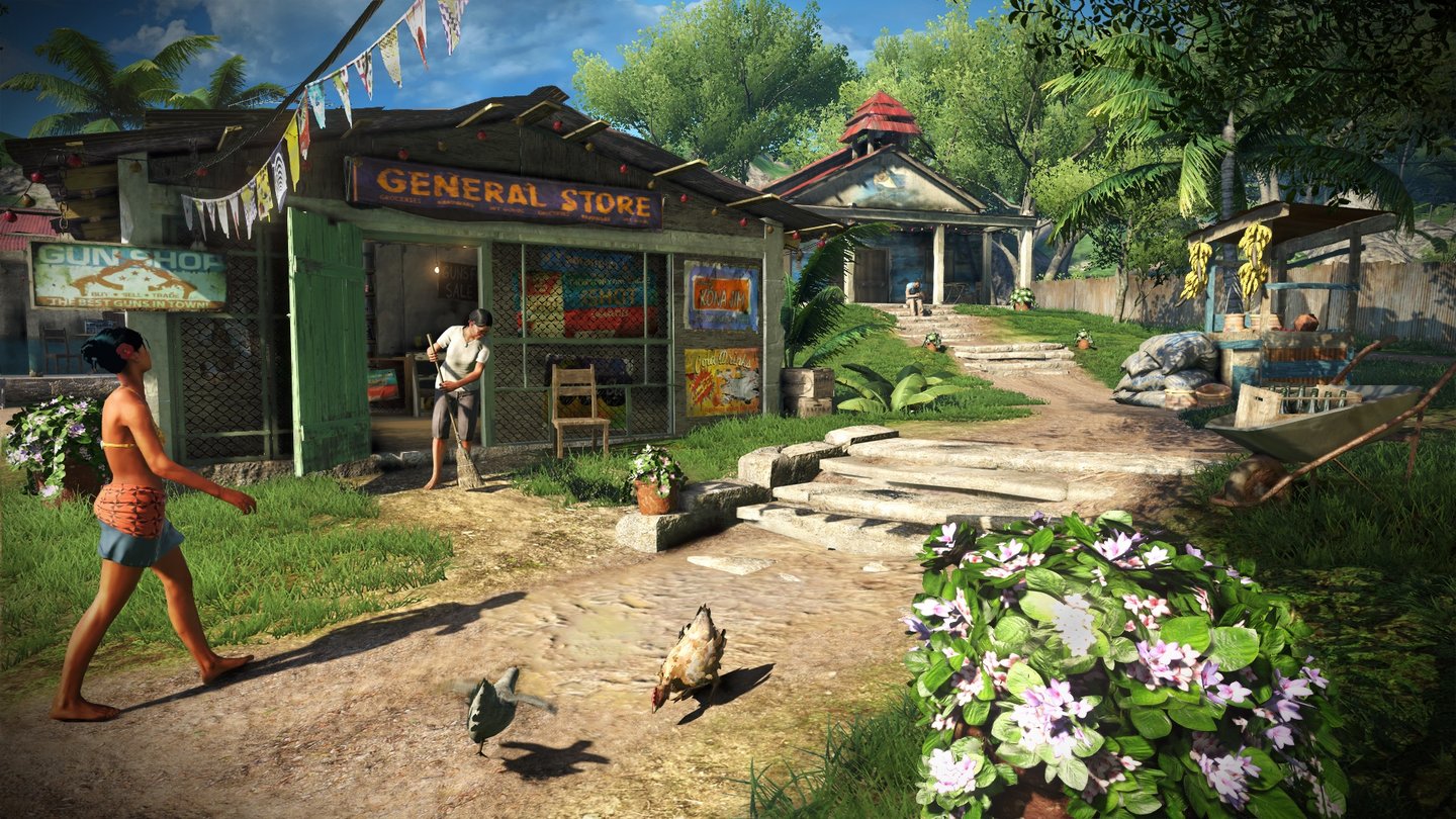 Far Cry 3Per Schnellreise-Funktion gelangt Jason schnell in Dörfer der Eingeborenen, der lokale Krämerladen hält neue Waffen parat.