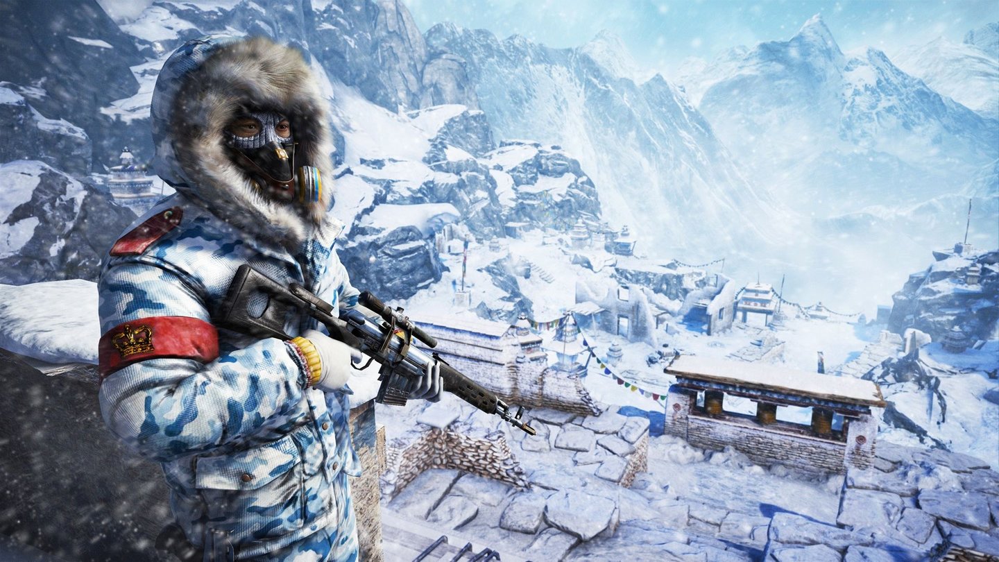 Far Cry 4Auch den schneebedeckten Gipfel des Himalaya-Gebirges erkunden wir, allerdings nicht in freier Open-World-Manier und nur in Storymissionen.