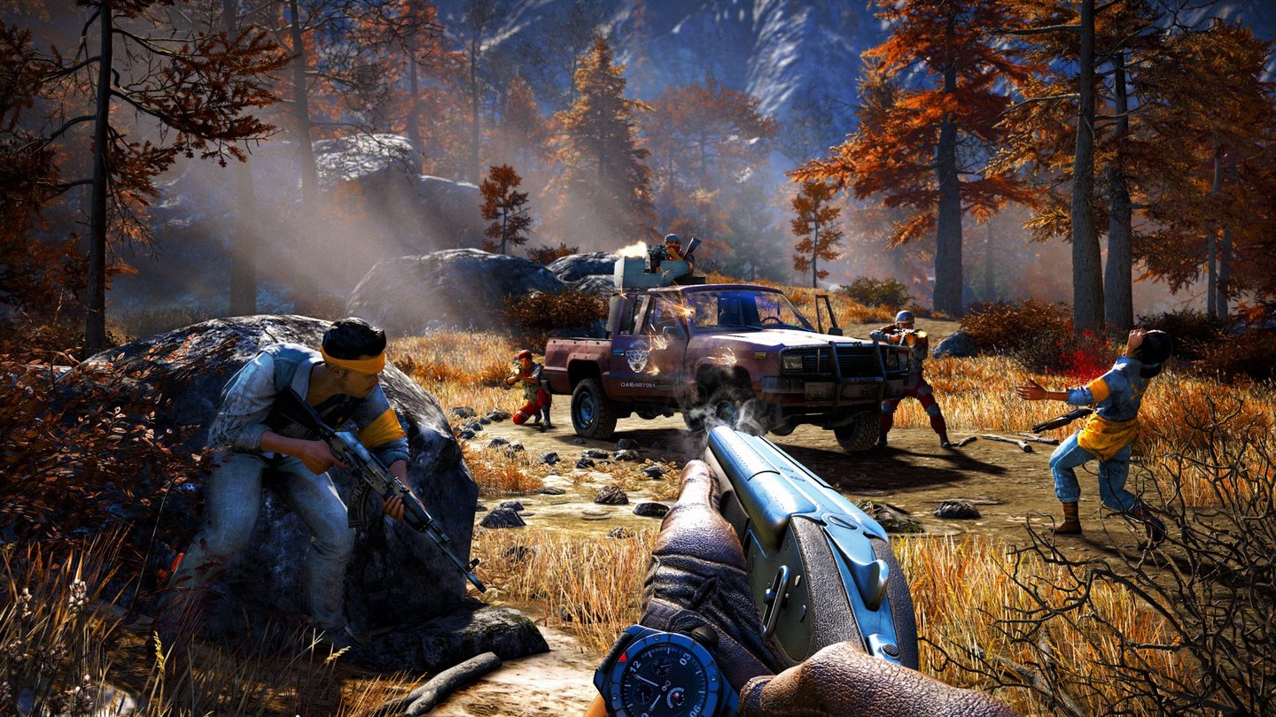 Far Cry 4Die Blauen Jungs gehören zum Widerstand des Goldenen Pfads und helfen uns auf Knopfdruck aus, falls wir in schwierige Situationen kommen.
