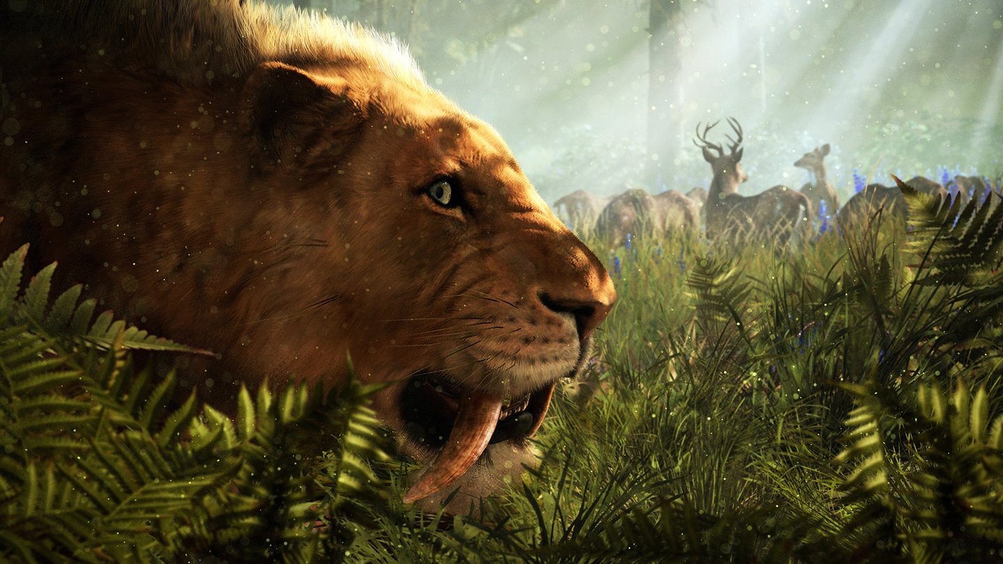 Far Cry PrimalNicht nur Steinzeitmenschen gehen auf die Jagd – umherstreifende Säbelzahntiger können uns unsere Beute jederzeit streitig machen.