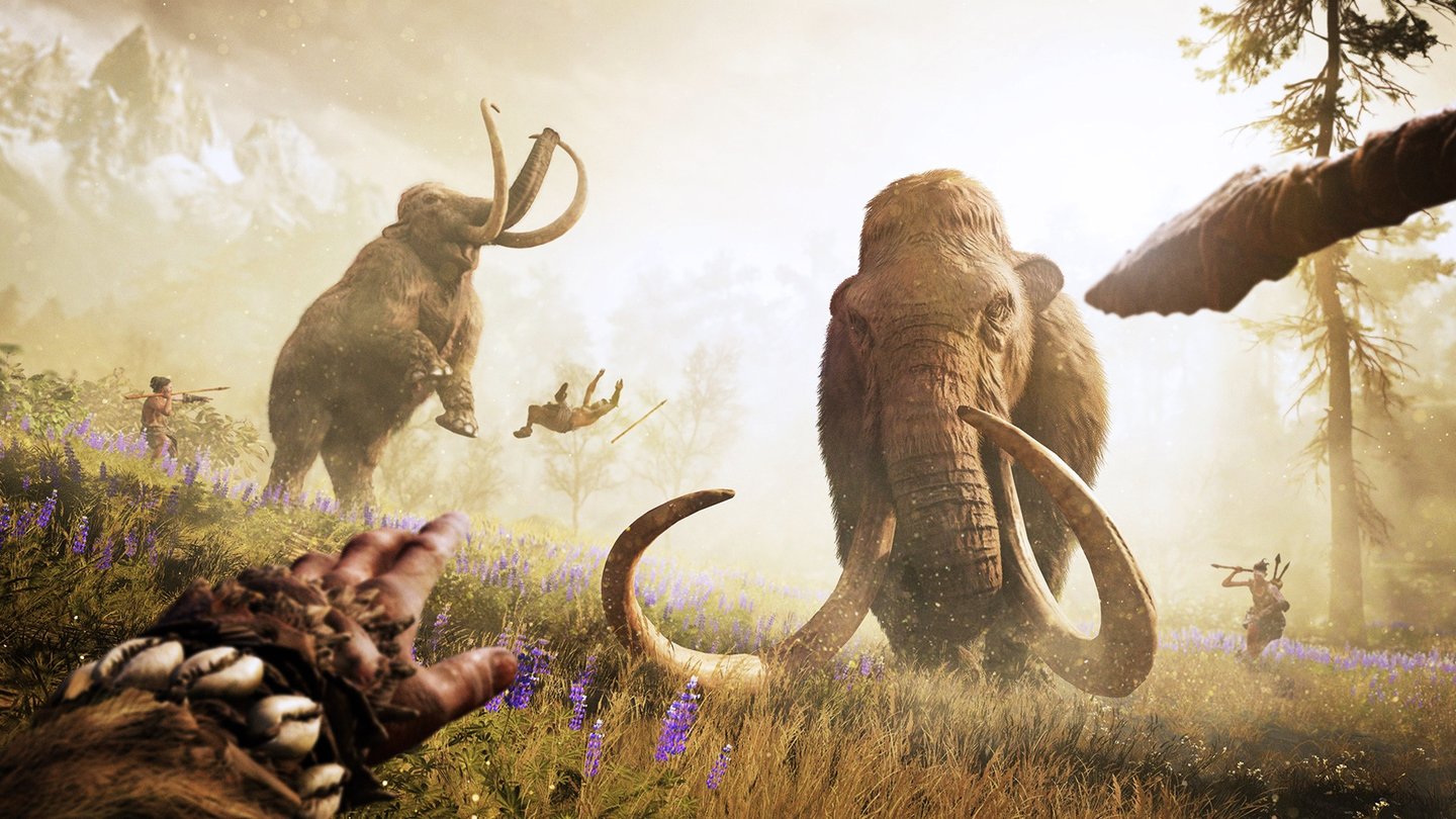 Far Cry PrimalOhne moderne Feuerwaffen ist es gar nicht so einfach, ein monströses Mammut zu erlegen – die Biester wehren sich mit aller Kraft.