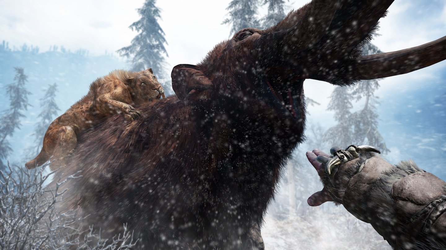 Far Cry PrimalAuch bei Jagd sind unsere pelzigen Kampfgefährten hilfreich. Kleine Rehe oder Schweine erlegen sie selbstständig, für den Rüsselträger braucht selbst ein Säbelzahntiger Unterstützung.