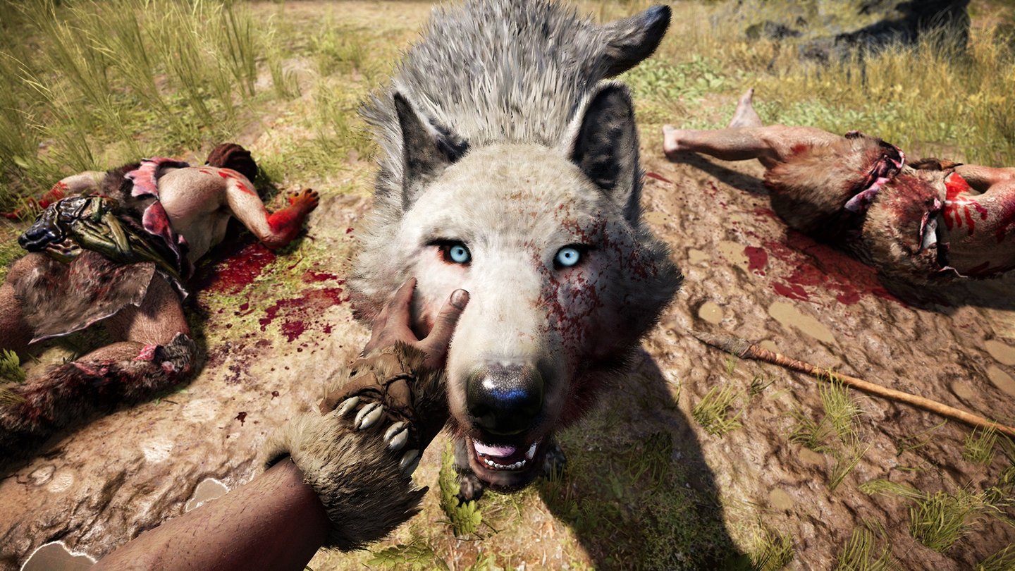 Far Cry PrimalSo süß kann ein Wolf sein, nachdem er gerade zwei Steinzeitmenschen die Kehle herausgerissen hat.