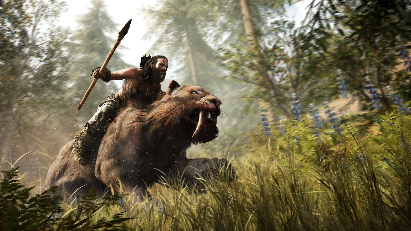 Far Cry PrimalDer Säbelzahntiger – das Auto der Urzeit. Neben den Großkatzen satteln wir auch ein junges Mammut.