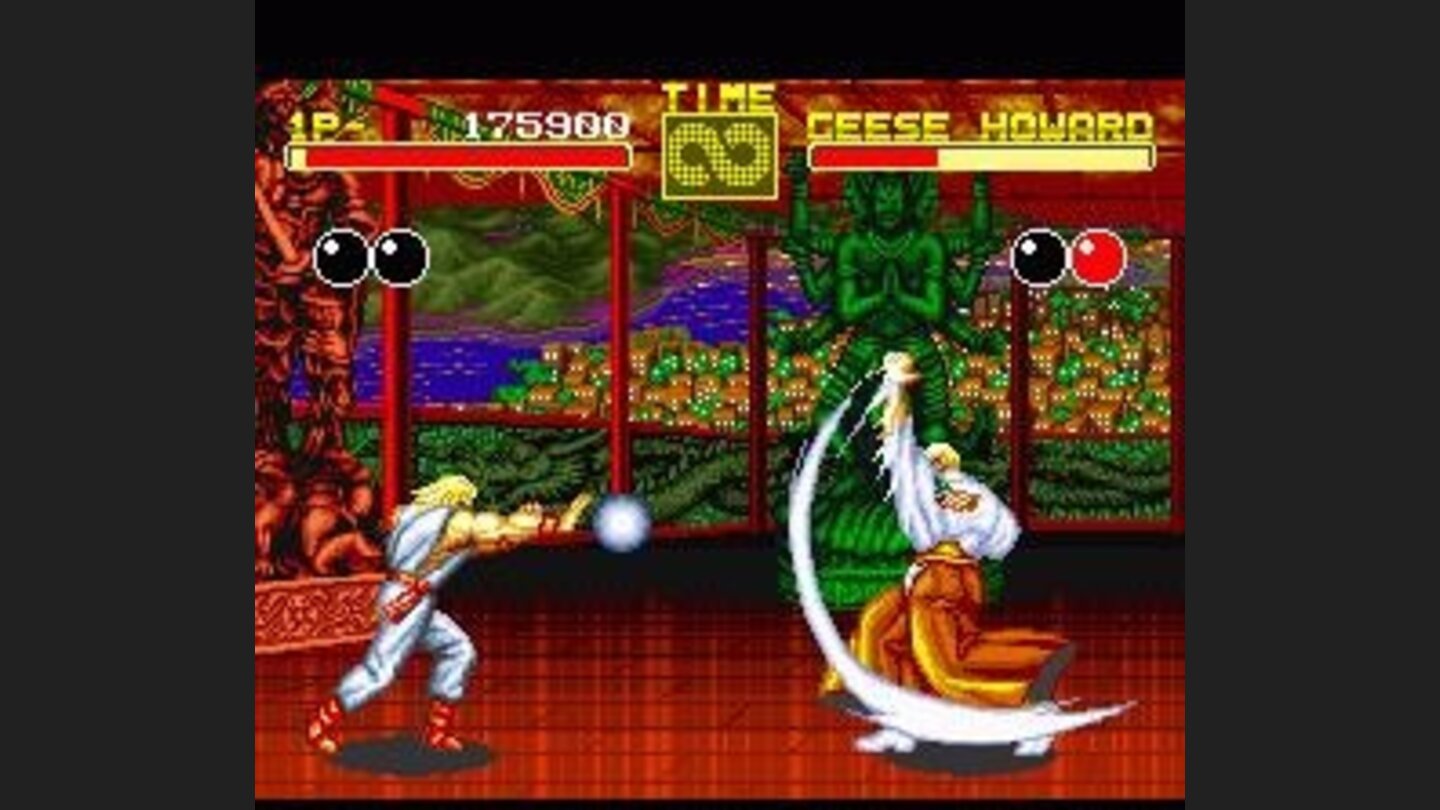Geese Howard and Andy Bogard launching projectiles against each other