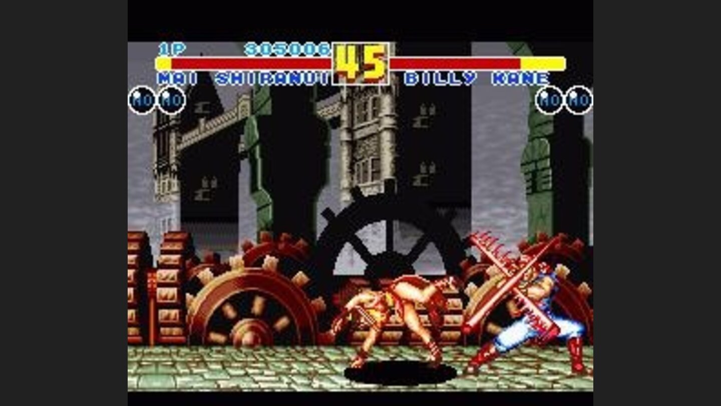 Mai Shiranui vs. first boss Billy Kane in front of the Tower Bridge