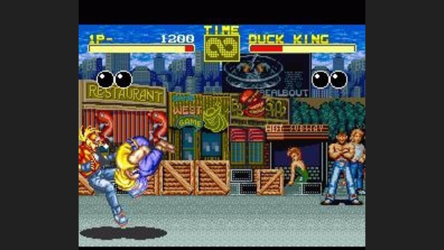 Round 1: Duck King attacks with a move remniscent of Blanka from Street Fighter 2