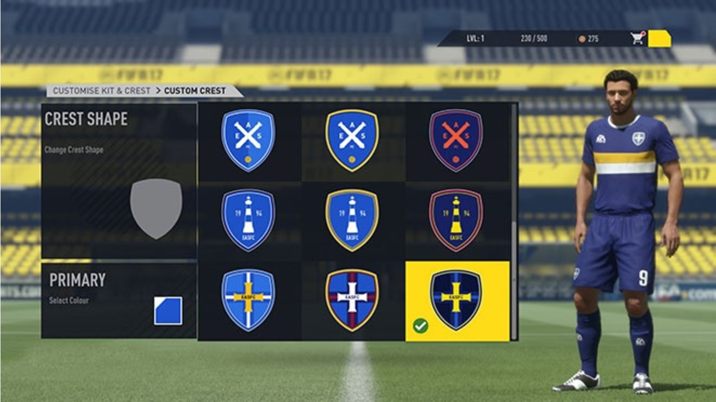 FIFA 17 - Wappen-Design in Pro Clubs: Wahl der Primärfarbe, der Wappenform und des Wappendesigns sind möglich.