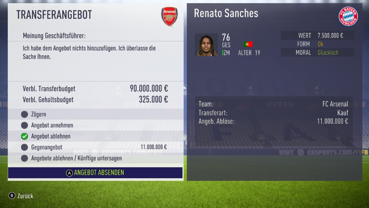 FIFA 18Die Verhandlungen im Karrieremodus erinnern stark an den Vorgänger und lassen die hübschen Zwischensequenzen vermissen.