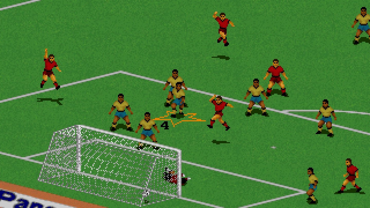 FIFA International Soccer (1993)EAs Einstieg ins Fußball-Business entpuppt sich als Präsentationswunder: Die Iso-Perspektive erinnert an eine TV-Übertragung, der hohe Detailgrad sorgen für dichte Fußball-Atmosphäre.