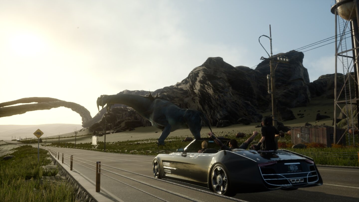 Final Fantasy 15Gemütlich im Cabrio lümmeln: Das Fahrzeug bringt uns als Schnellreisemittel automatisch von A nach B, wir dürfen aber auch selbst hinterm Lenkrad Platz nehmen.