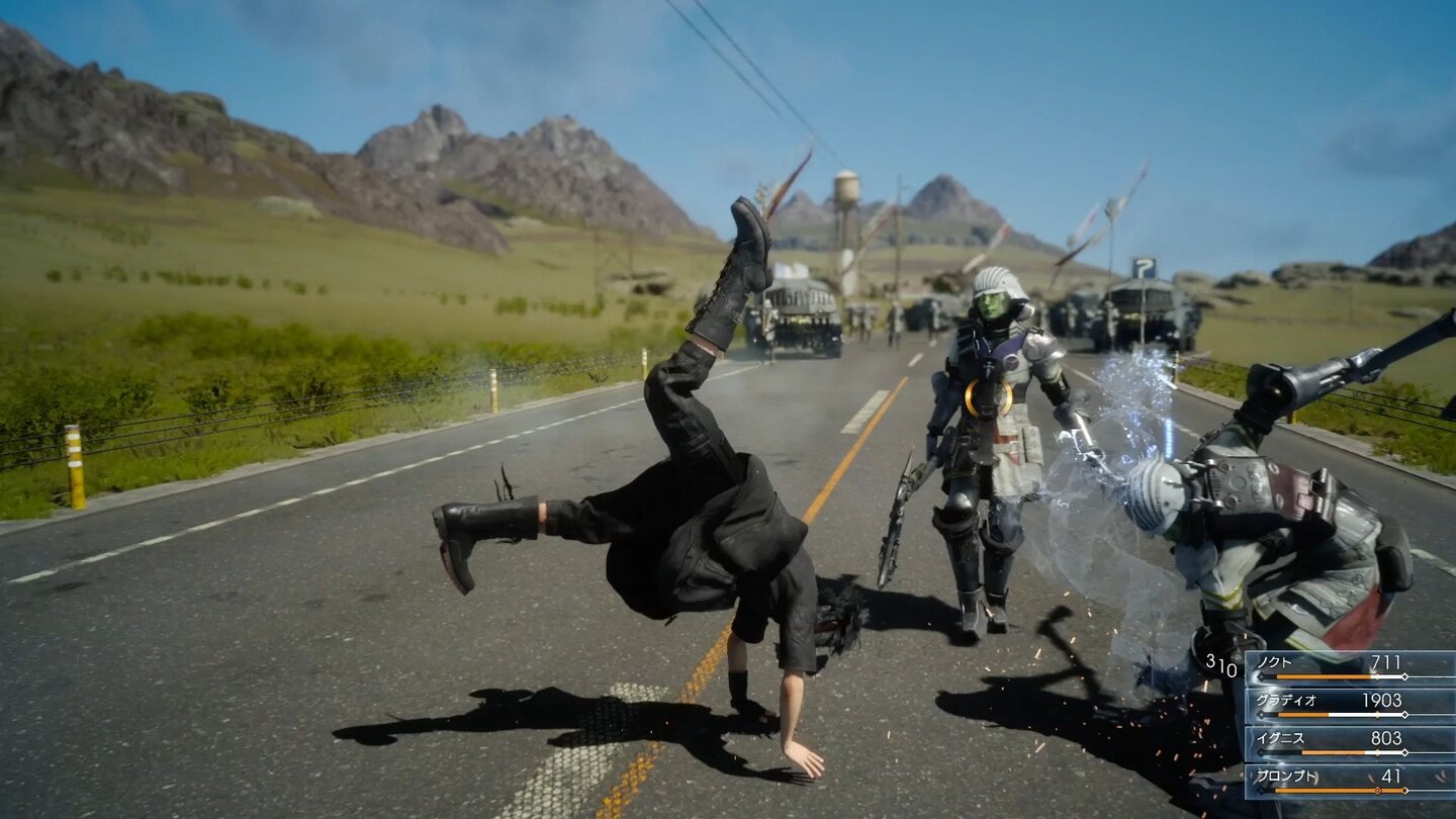 Final Fantasy 15Beim Kampfsystem ist Eleganz statt Tastenhämmern angesagt. Drücken wir im richtigen Moment die Defensivtaste, weicht Noctis aus.