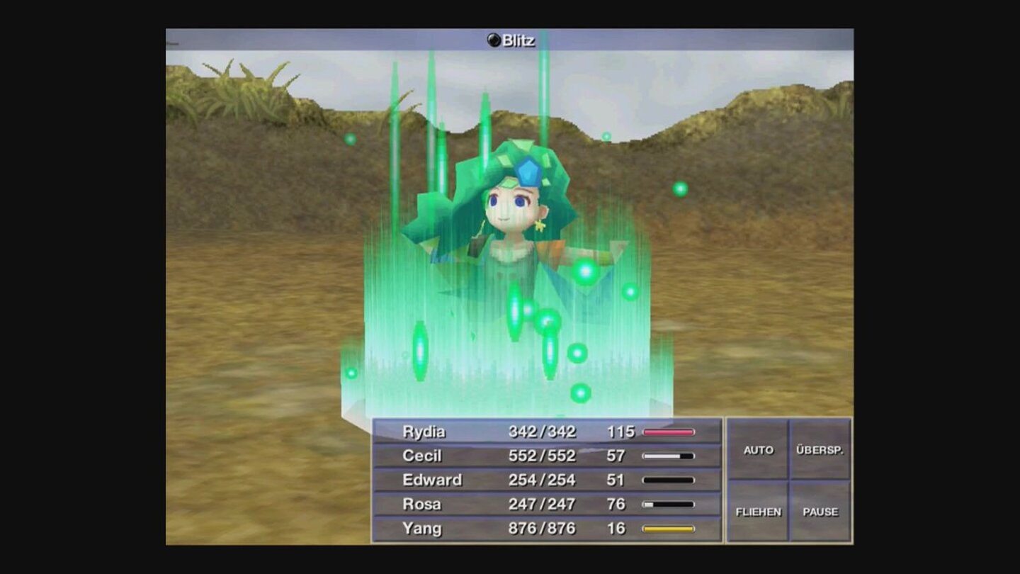 Final Fantasy IVKämpfe werden kurz für schicke Magieeffekte unterbrochen, wie zum Beispiel das grüne Leuchten der Beschwörerin ...
