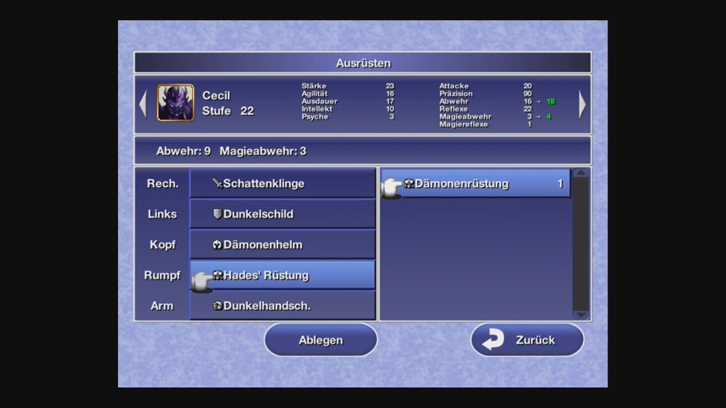 Final Fantasy IVFür jeden Mitstreiter gibt es ein Ausrüstungsmenü.