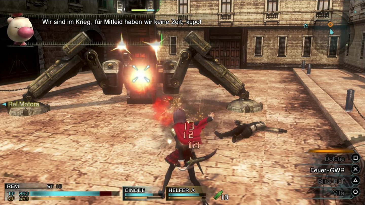 Final Fantasy Type-0 HDGegen einen Mech hat Rem mit ihren Dolchen keine Schnitte, deswegen muss ein Feuerball her.