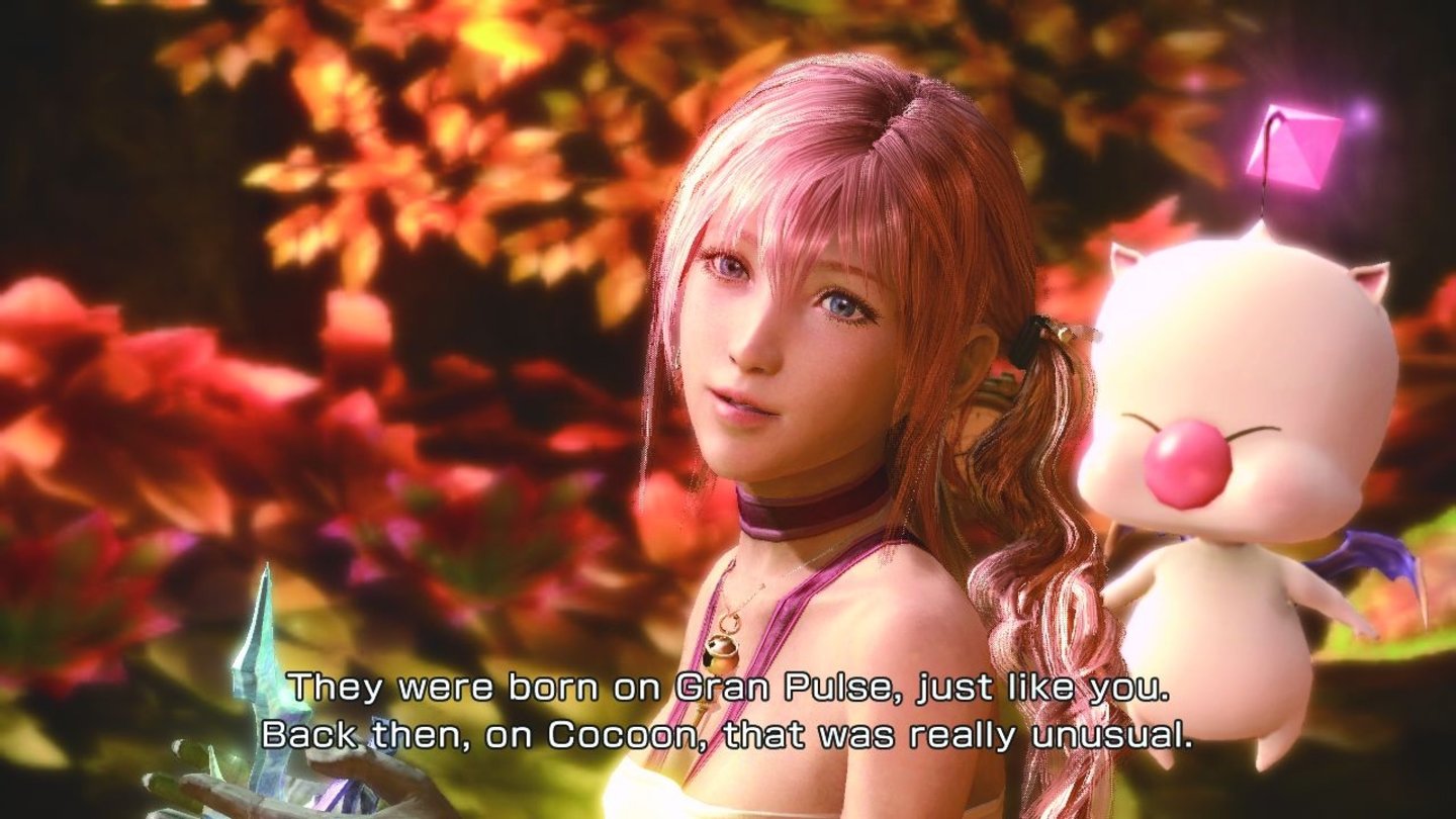Final Fantasy XIII-2Serah und ihr kleiner Begleiter lernen sich zu Beginn des Spiels kennen. Mog ist durch seine magischen Fähigkeiten unersetzlich bei der Reise durch die Zeit.