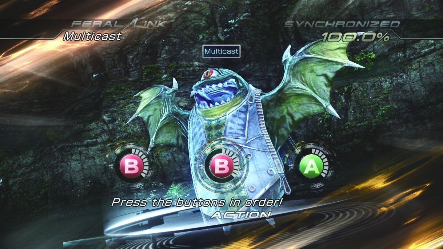 Final Fantasy XIII-2Wenn die Gruppenmitglieder die Kräfte vereinen, müssen wir für den Multicast eine bestimmte Tastenreihenfolge drücken.