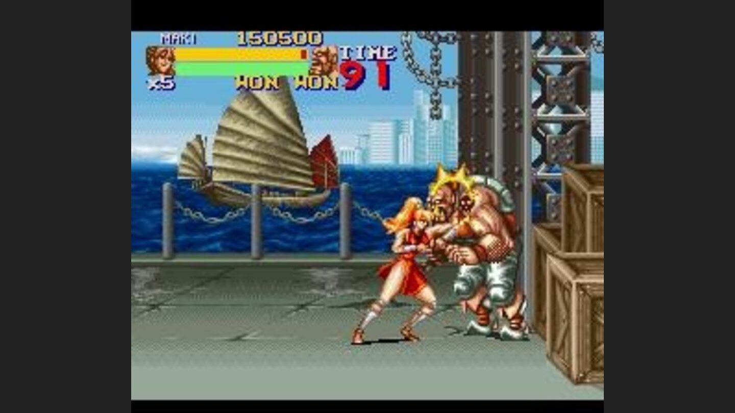 At the harbor, fighting the first boss