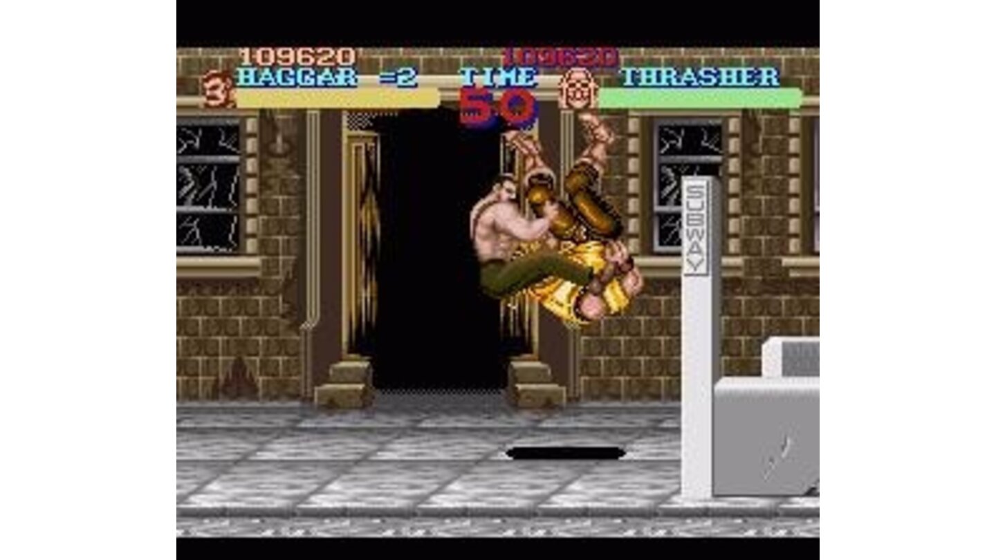 Haggar performs a pile driver on the first boss, Trasher
