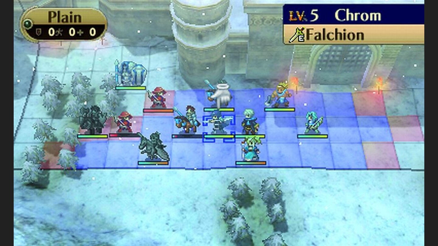 Fire Emblem: AwakeningDie Kämpfer um Prinz Chrom stehen dicht gedrängt, um im Kampf gegen die roten Banditen von Partnerschaftsboni zu profitieren.