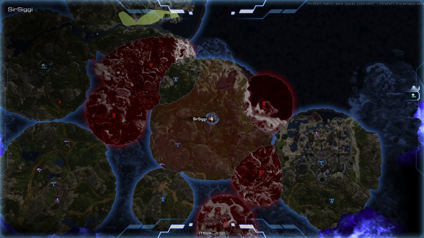 FirefallStrategische Karte: Die Umgebung der Copacabana zeigt von den Chosen besetzte Gebiete (rot) und unsere eigenen (blau). Die violetten Symbole zeigen dynamische Events.