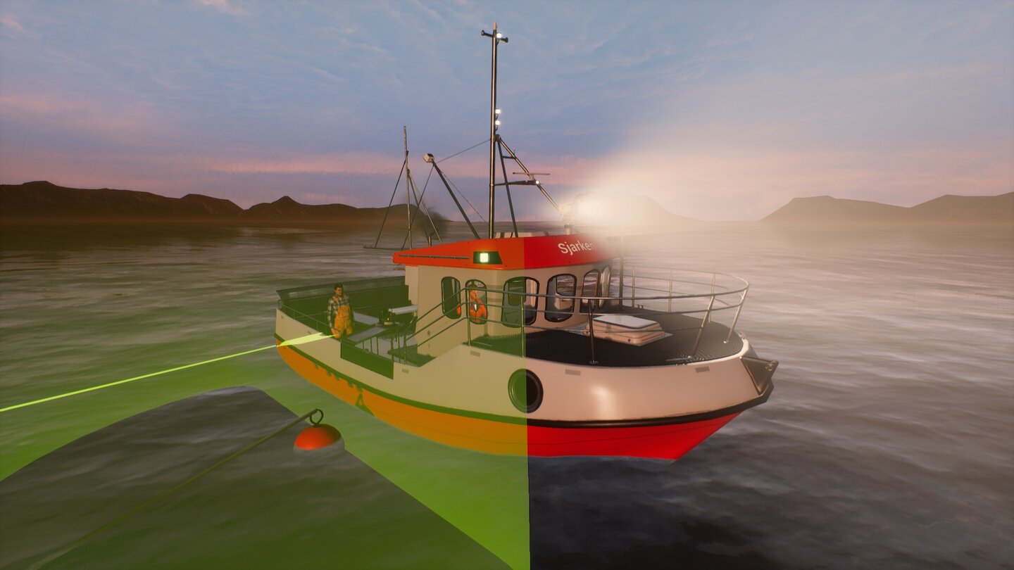 Fishing: Barents SeaHier wollen Kapitän und Crewmitglied ein Netz einholen. Der grüne Sektor links zeigt, dass die Position des Bootes perfekt ist.