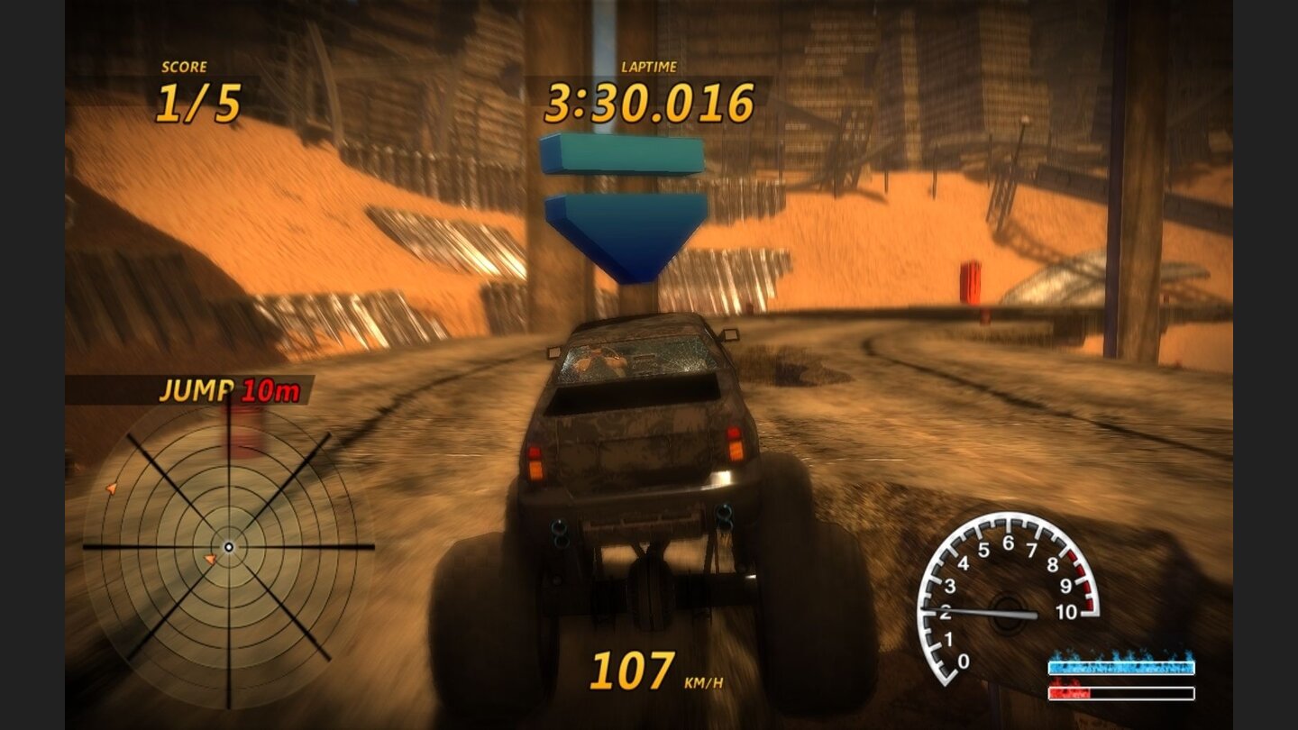 Flatout 3Monstertruck-Mission: Wir sollen mehrere Busse rammen, markiert wird jedoch nur unser eigenes Auto.