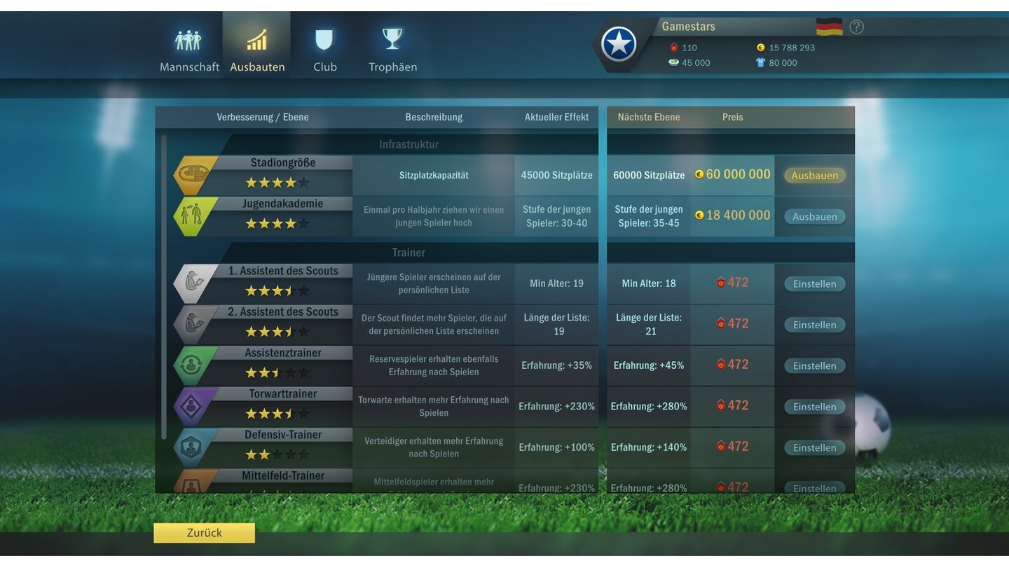Football, Tactics & GloryWir können das Stadion erweitern und eine Jugendakademie gründen. Ende. Preise festlegen? Nö. Wurstbude bauen? Nö. Parkplatz? Nö. Alles nö.