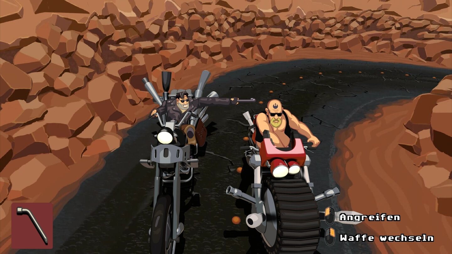 Full Throttle RemasteredNettes Easteregg bei der Mopped-Actionsequenz: Unser Rivale hat ein Rebellen-Tattoo auf der Stirn.