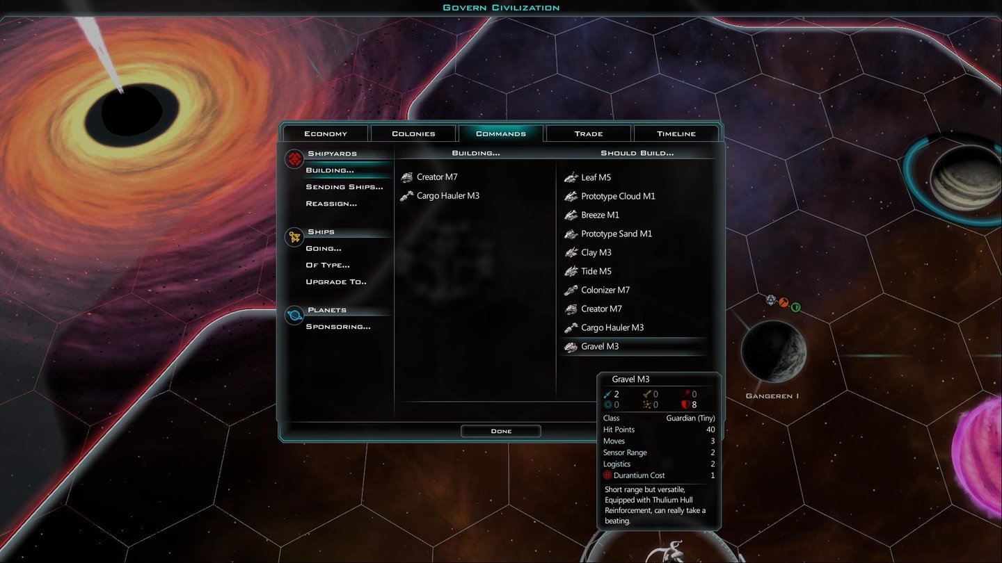 Galactic Civilization 3Wenigstens der Versuch einer Komfortfunktion: Das Command Menü erlaubt es, mehreren Raumhäfen die gleiche Konstruktions-Order zu erteilen.