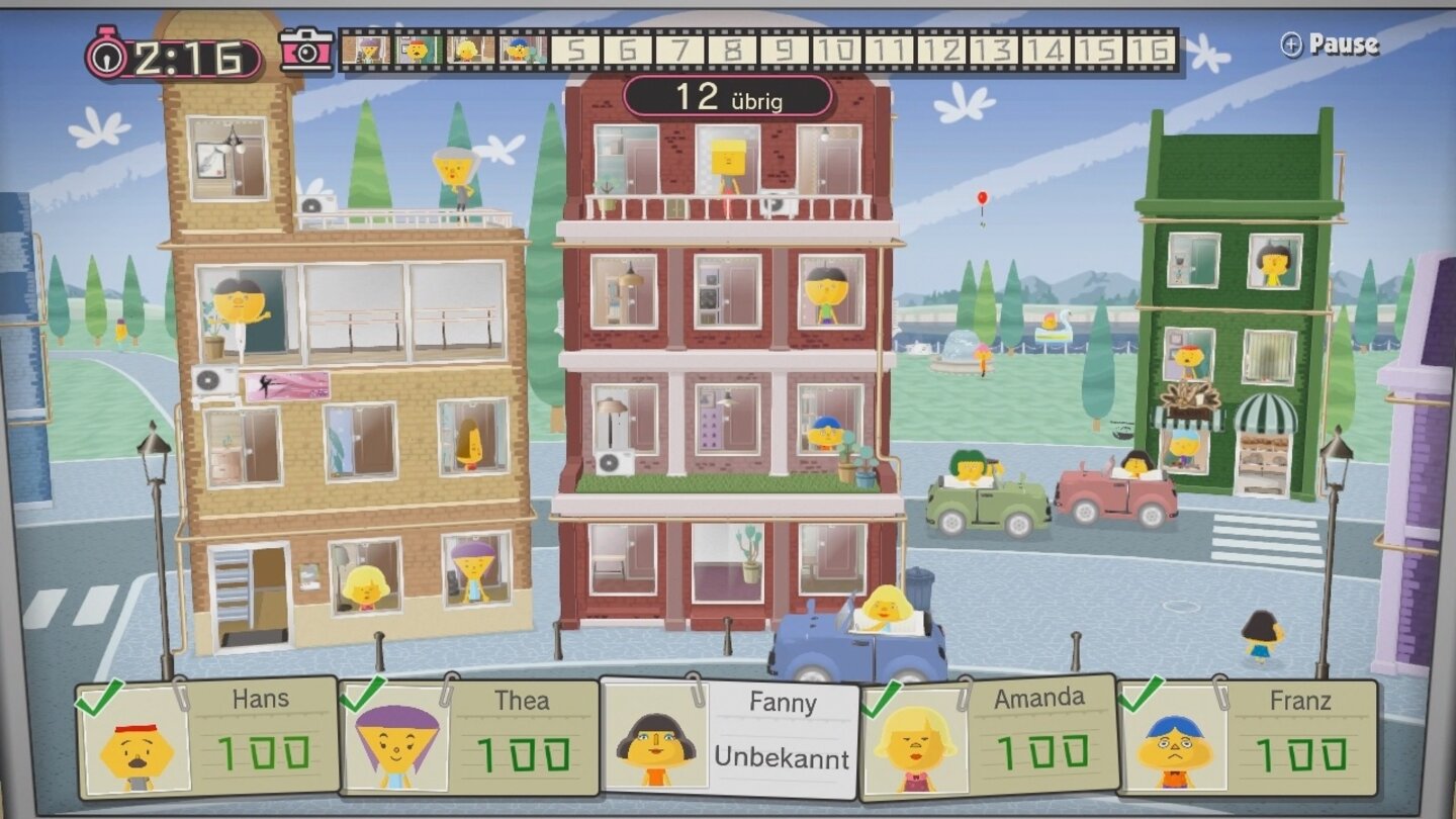 Game + WarioDas GamePad dient im Fall von »Camera« als Fotoapparat. Eure Aufnahmen werden dann zum Beispiel danach bewertet, ob sich eure Zielperson genau in der Bildmitte befindet, ob sie die Augen geschlossen hat oder nicht und ob irgendwelche Objekte einen Teil des Gesichts verdecken.