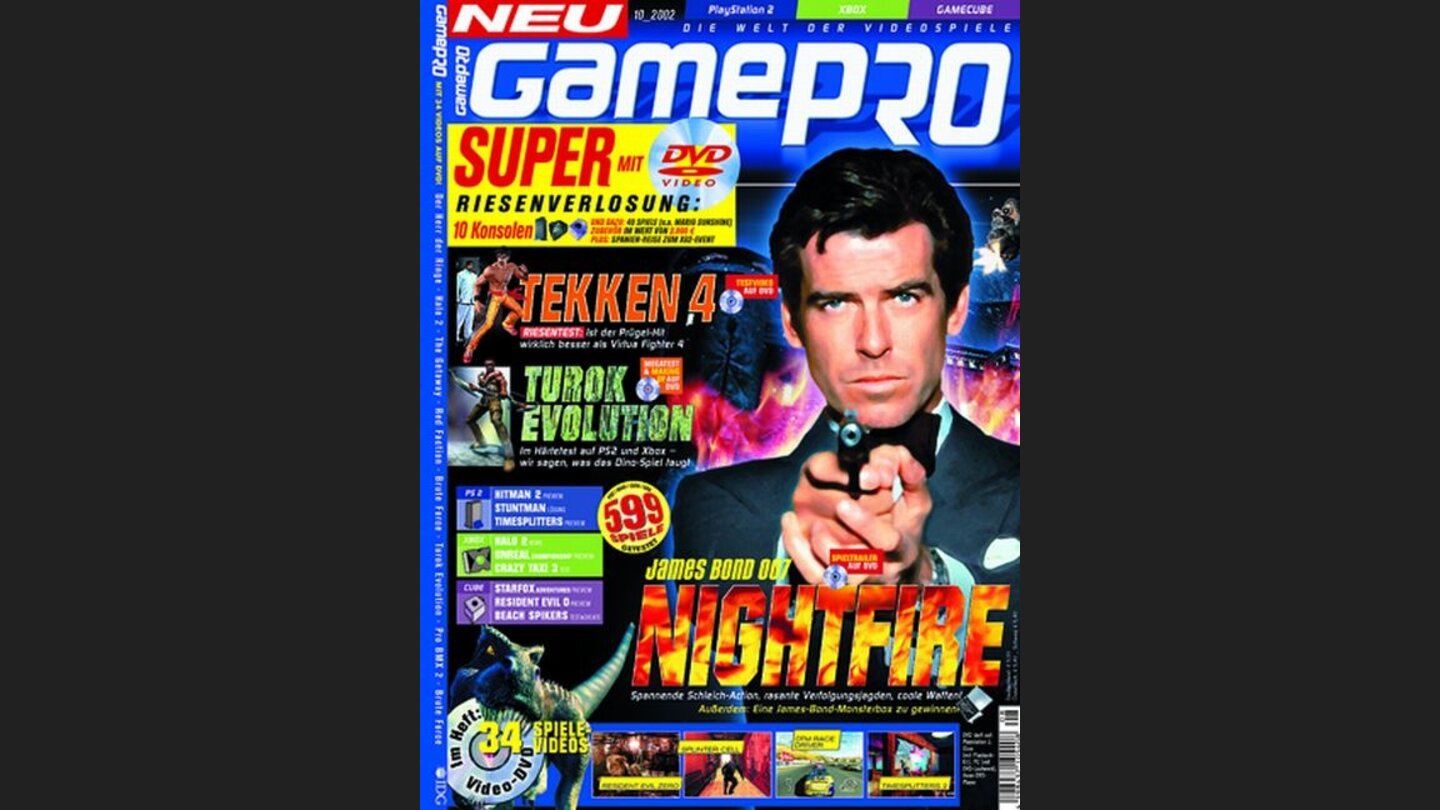 GamePro 102002James Bond 007 Nightfire-Titelstory und Tests zu Buffy the Vampire Slayer, DTM Race Driver und Tekken 4. Außerdem: Previews zu GTA Vice City, Hitman 2, Metroid Prime, Resident Evil Zero, Splinter Cell, Time Splitters 2 und True Crime: Streets of L.A..