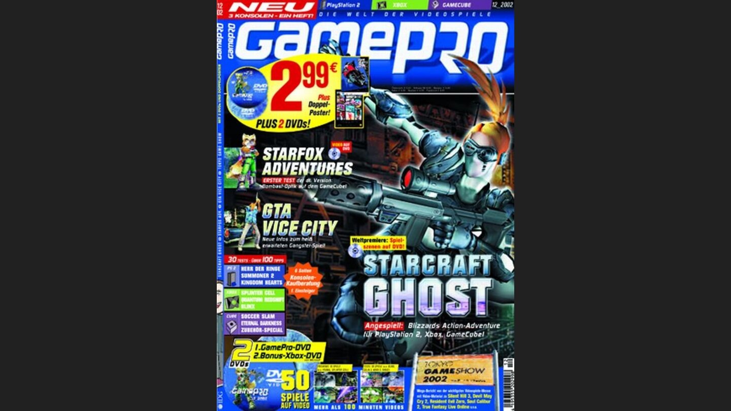 GamePro 122002Starcraft Ghost-Titelstory und Tests zu Starfox Adventures, Eternal Darkness, Sega Soccer Slam, Ratchet + Clank und Jedi Knight. Außerdem: Previews zu GTA Vice City, Splinter Cell und Ghost Recon.