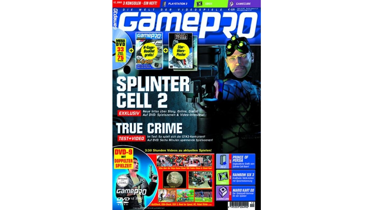 GamePro 12/2003mit Splinter Cell: Pandora Tomorrow-Titelstory und Tests zu Beyond Good & Evil, F-Zero GX, Mario Kart: Double Dash und Ratchet & Clank 2. Außerdem: Previews zu Gran Turismo und Killzone.