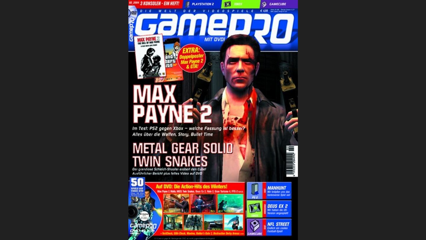 GamePro 022004mit Max Payne 2-Titelstory und Tests zu Mission Impossible und Terminator 3. Außerdem: Previews zu Gran Turismo 4, Mafia und Metal Gear Solid: The Twin Snakes.
